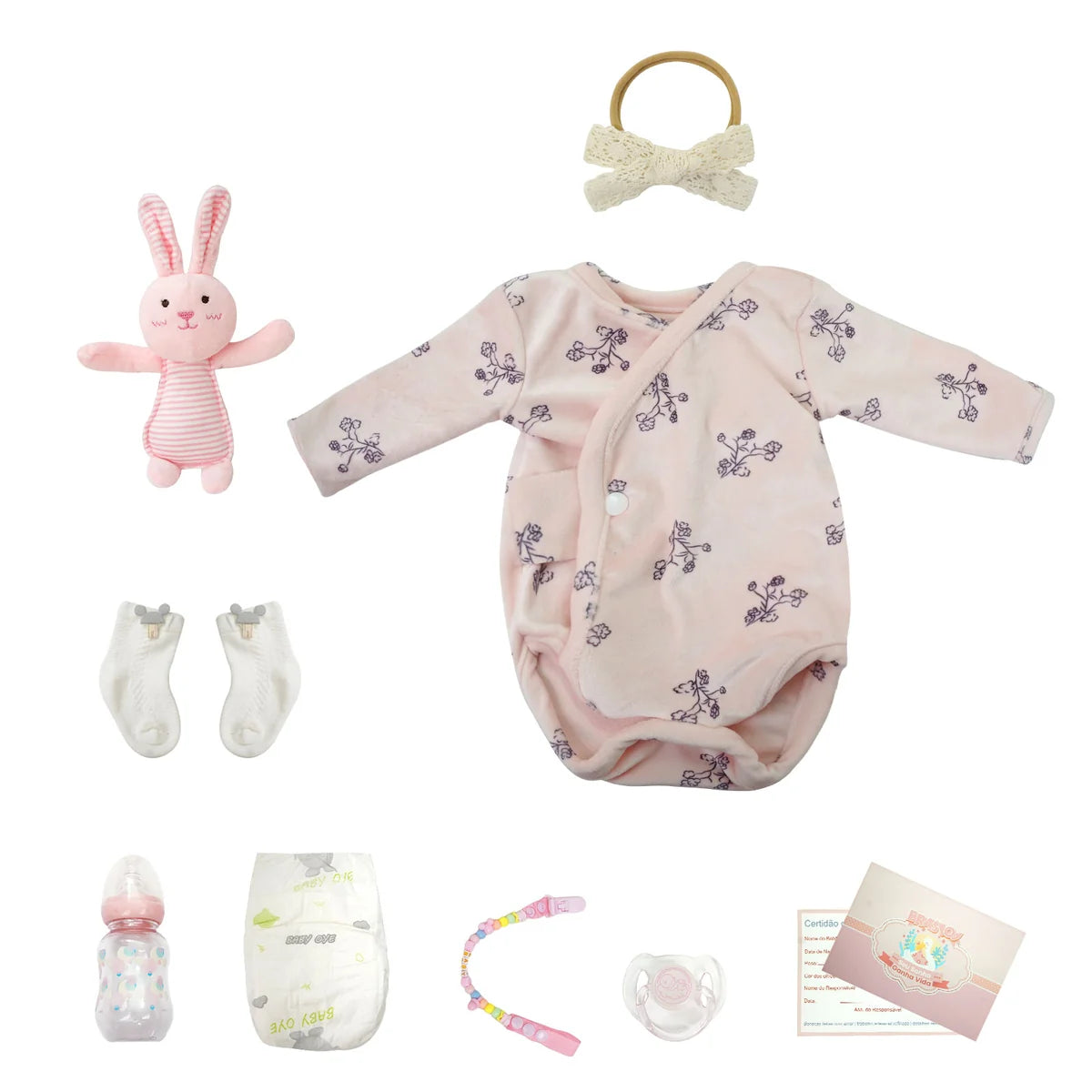 Boneca Bebê Reborn Silicone Realista 48cm Original Kit Acessórios Conjunto Roupa Mamadeira Chupeta Pelúcia Fralda Certidão