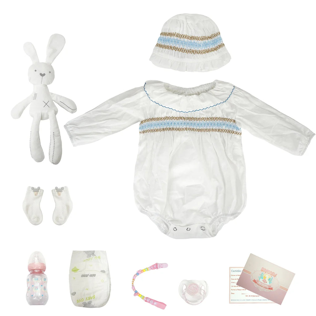 Boneca Bebê Reborn Brastoy Realista 60cm Silicone Conjunto de Roupa Chupeta Mamadeira Fralda Certidão e Pelúcia