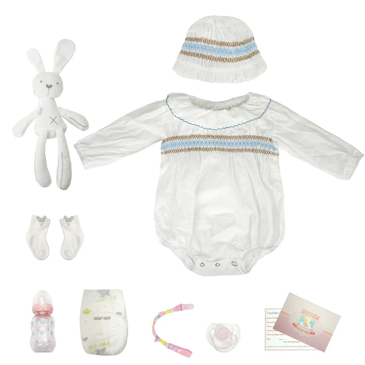 Boneca Bebê Reborn Brastoy Realista 60cm Silicone Conjunto de Roupa Chupeta Mamadeira Fralda Certidão e Pelúcia