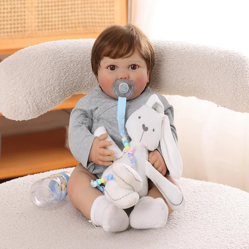 Bebê Reborn Boneco Corpo de silicone Pode Dar Banho 60cm Conjunto de Roupa Chupeta Mamadeira Certidão Fralda e Pelúcia Brastoy