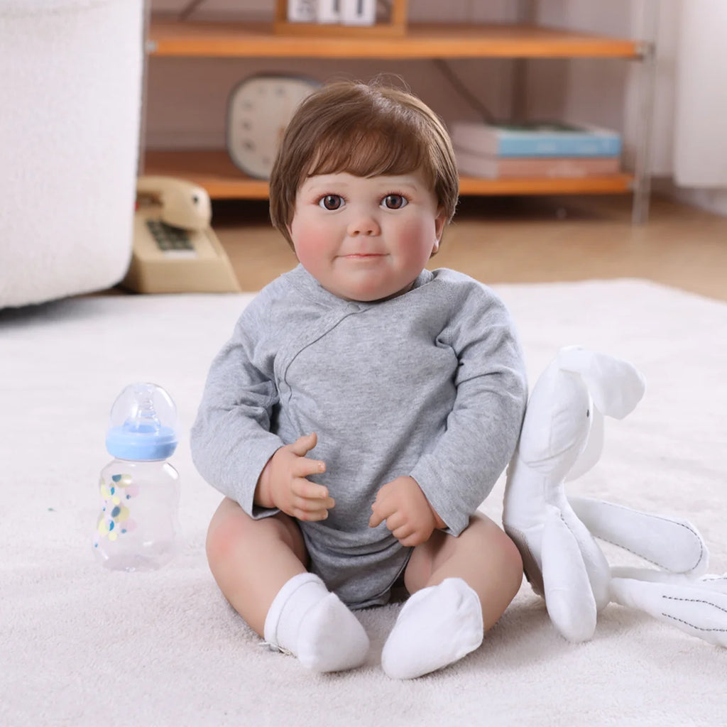 Bebê Reborn Boneco Corpo de silicone Pode Dar Banho 60cm Conjunto de Roupa Chupeta Mamadeira Certidão Fralda e Pelúcia Brastoy