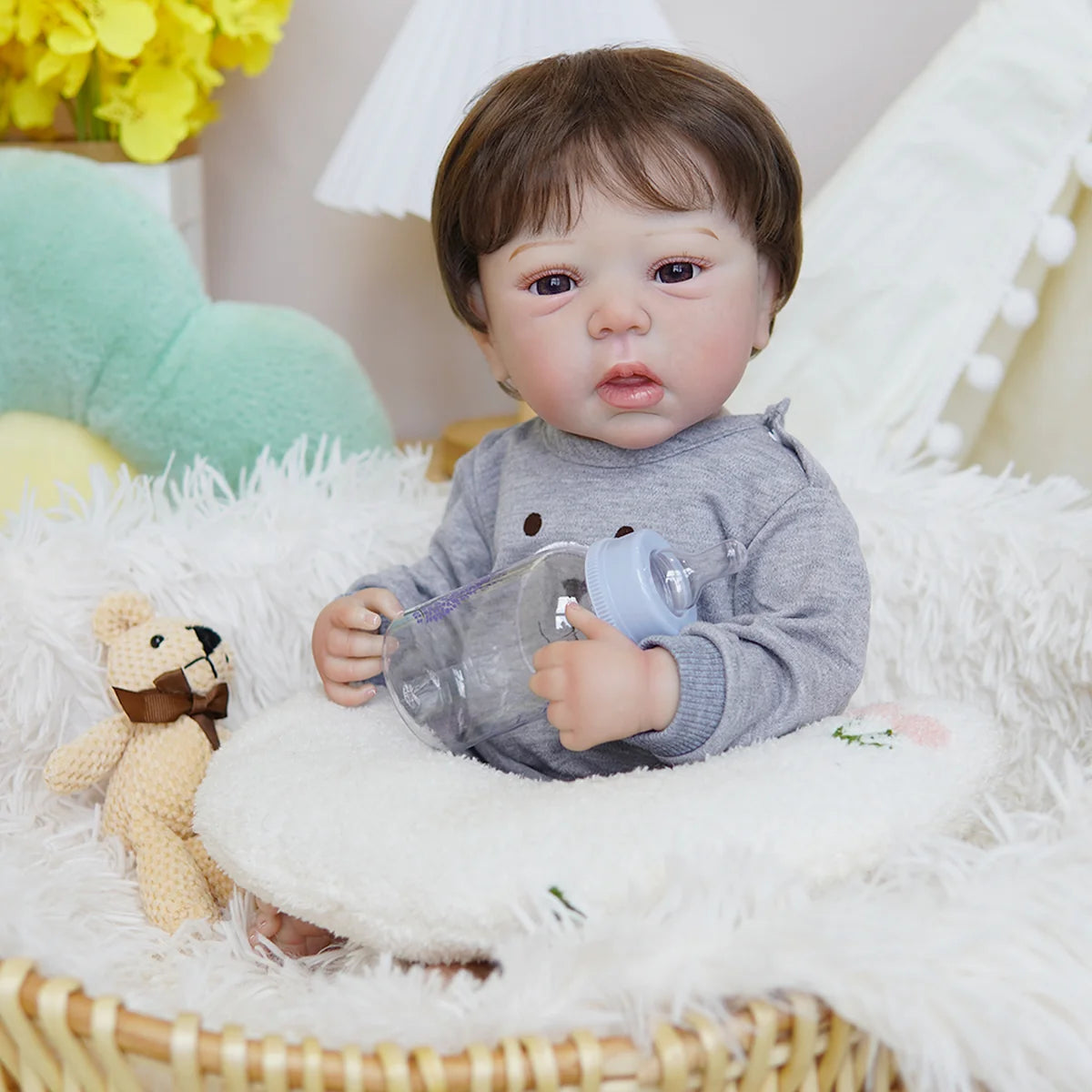 Boneco Bebê Reborn Brastoy Silicone Realista 48cm Kit Acessórios Conjunto Roupa Mamadeira Chupeta Pelúcia Fralda Certidão