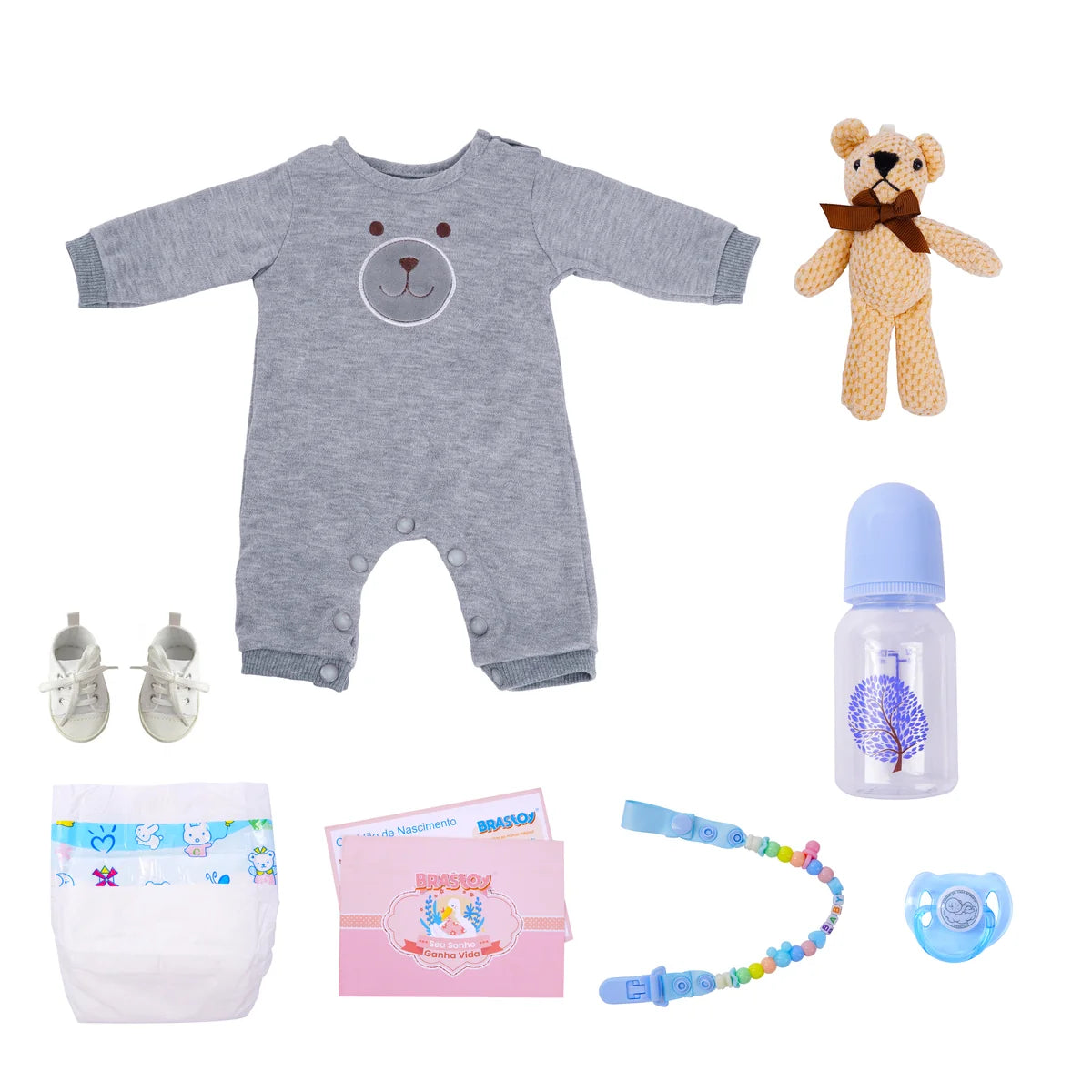 Boneco Bebê Reborn Brastoy Silicone Realista 48cm Kit Acessórios Conjunto Roupa Mamadeira Chupeta Pelúcia Fralda Certidão