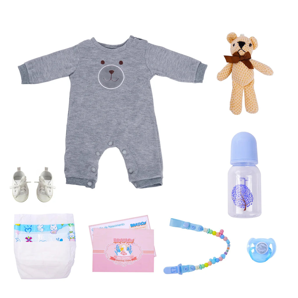 Boneco Bebê Reborn Brastoy Silicone Realista 48cm Kit Acessórios Conjunto Roupa Mamadeira Chupeta Pelúcia Fralda Certidão