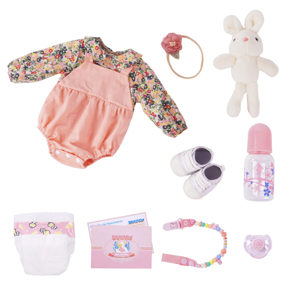 Boneca Bebê Reborn Brastoy Realista Silicone 55cm Conjunto de Roupa Chupeta Mamadeira e Pelúcia Pode Dar Banho Roupa