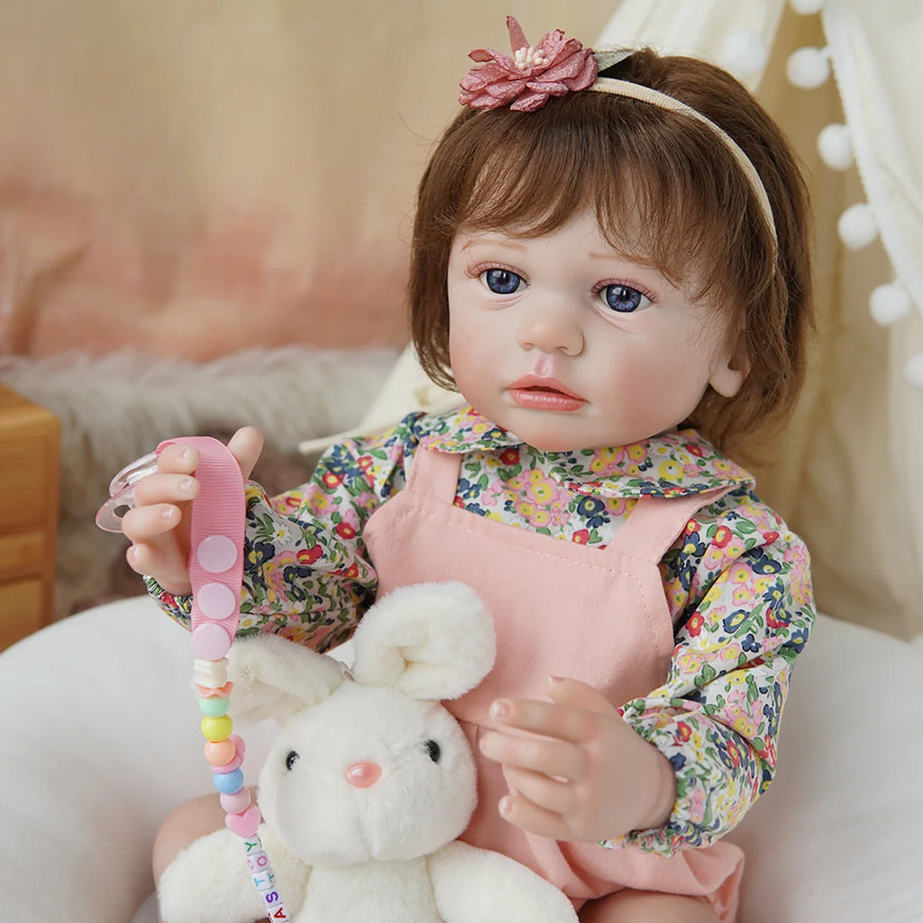 Boneca Bebê Reborn Brastoy Realista Silicone 55cm Conjunto de Roupa Chupeta Mamadeira e Pelúcia Pode Dar Banho Roupa