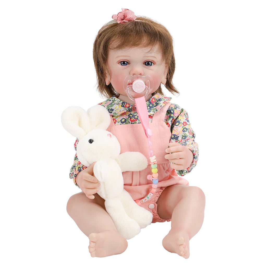Boneca Bebê Reborn Brastoy Realista Silicone 55cm Conjunto de Roupa Chupeta Mamadeira e Pelúcia Pode Dar Banho Roupa
