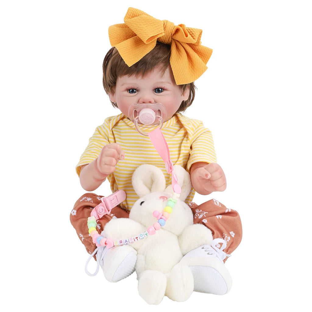 Boneca Bebê Reborn Brastoy Realista Silicone 48cm Conjunto de Roupa Chupeta Mamadeira e Pelúcia Pode Dar Banho Roupa