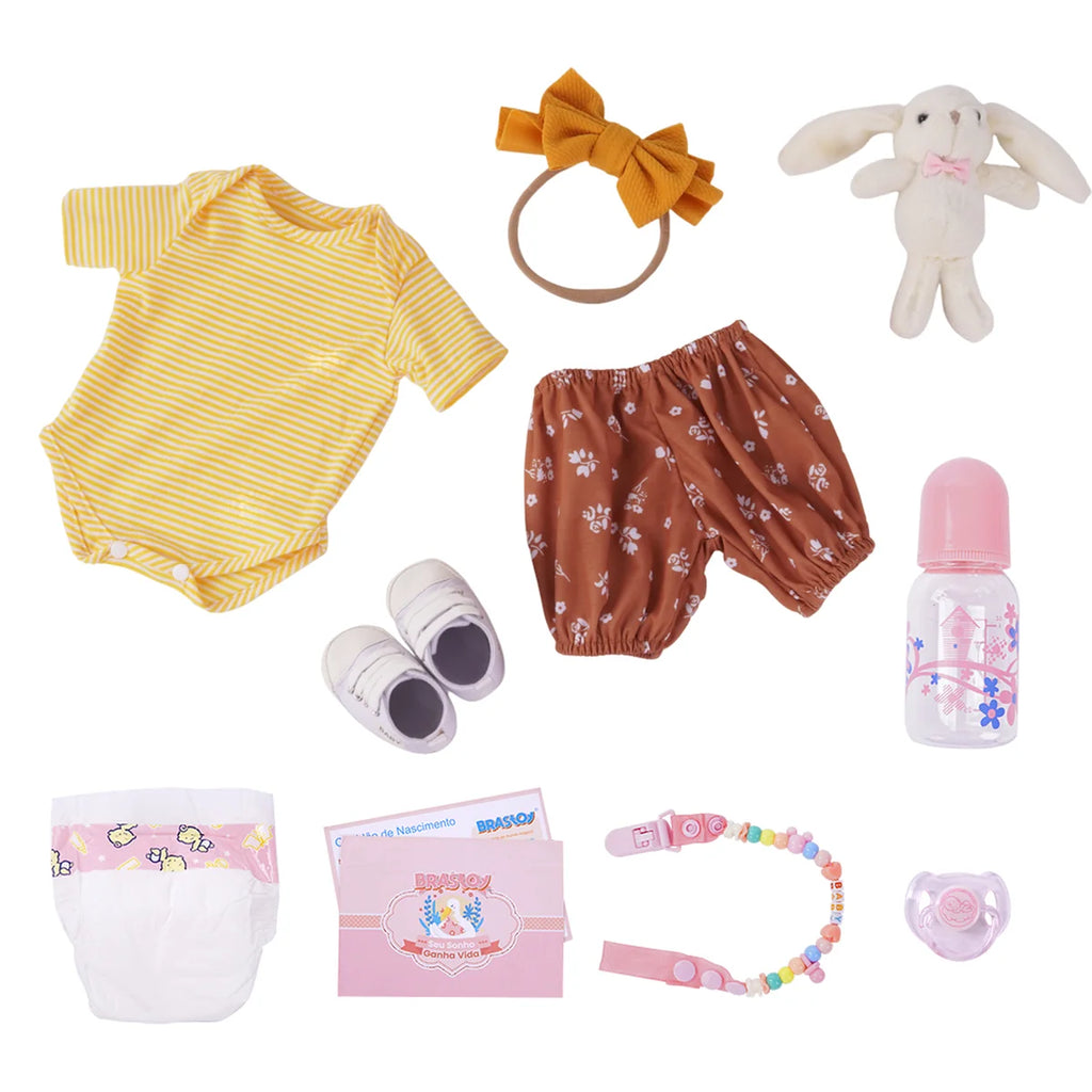 Boneca Bebê Reborn Brastoy Realista Silicone 48cm Conjunto de Roupa Chupeta Mamadeira e Pelúcia Pode Dar Banho Roupa