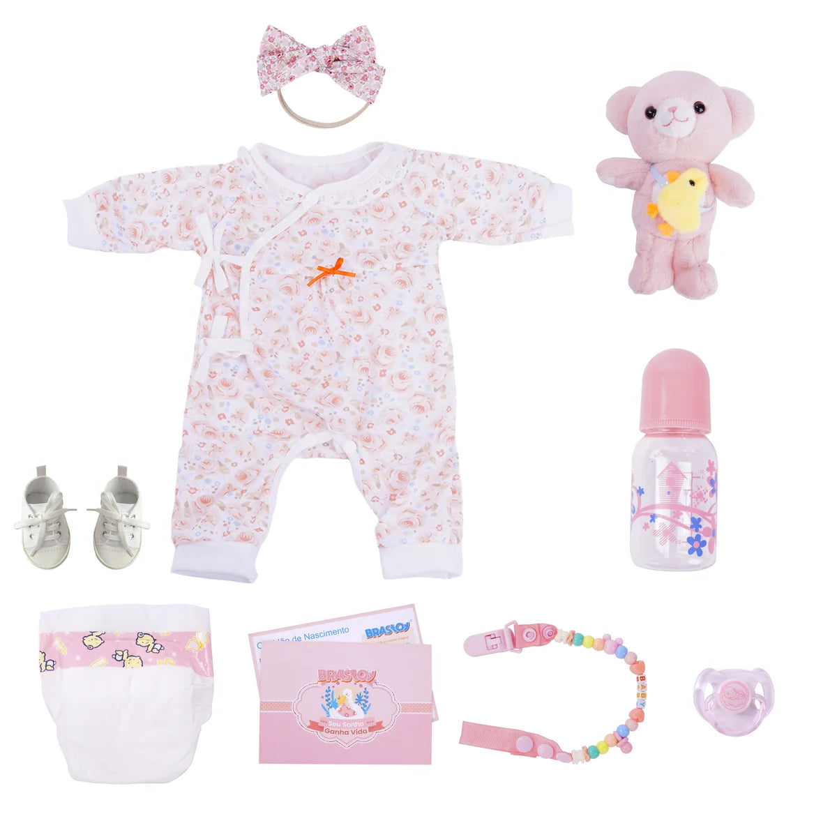 Boneca Bebê Reborn Brastoy Silicone Realista 55cm Kit Acessórios Conjunto Roupa Mamadeira Chupeta Pelúcia Fralda Certidão