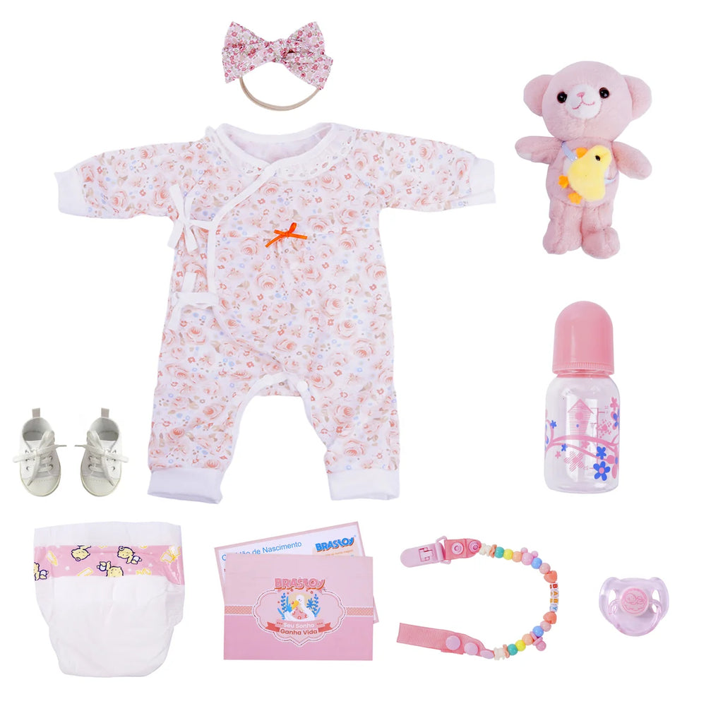 Boneca Bebê Reborn Brastoy Silicone Realista 55cm Kit Acessórios Conjunto Roupa Mamadeira Chupeta Pelúcia Fralda Certidão