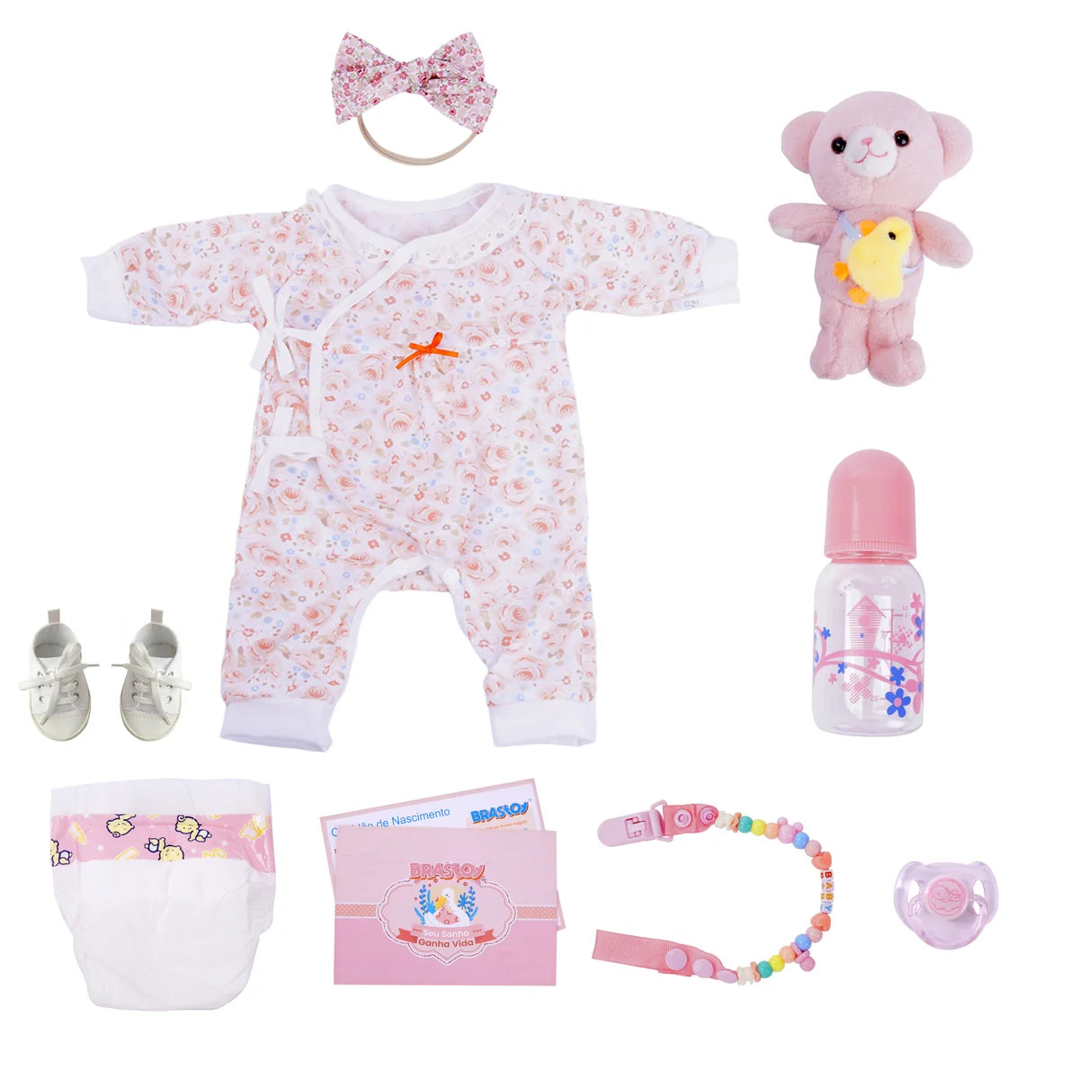 Boneca Bebê Reborn Brastoy Silicone Realista 55cm Kit Acessórios Conjunto Roupa Mamadeira Chupeta Pelúcia Fralda Certidão