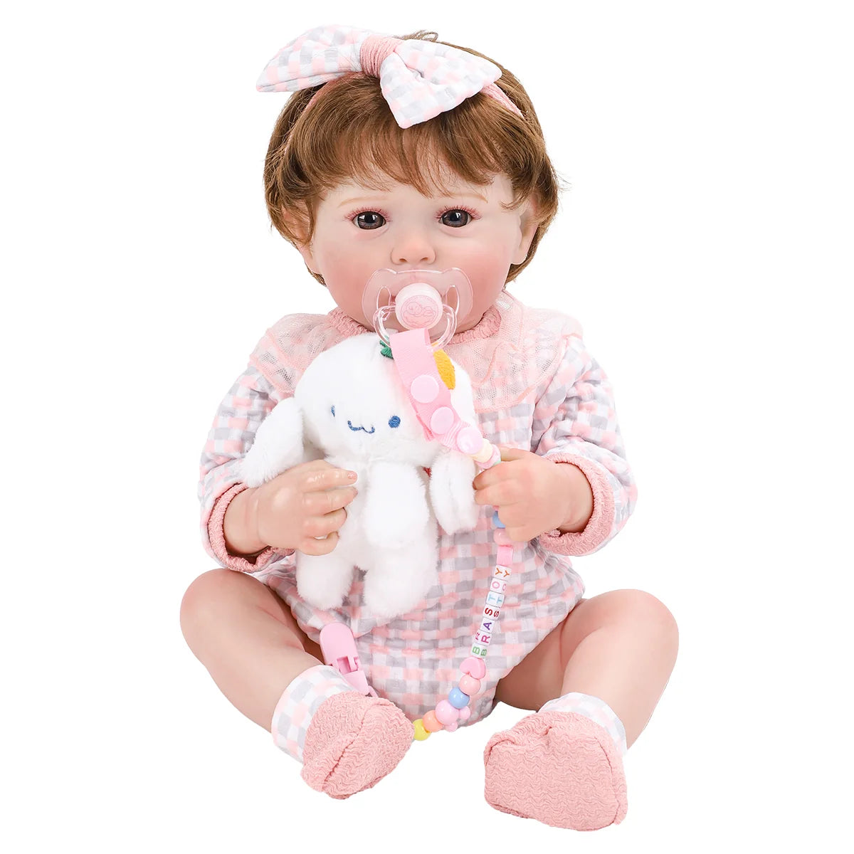 Boneca Bebê Reborn Brastoy Realista Silicone 48cm Conjunto de Roupa Chupeta Mamadeira e Pelúcia Pode Dar Banho Roupa