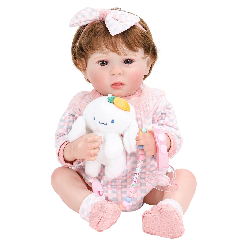 Boneca Bebê Reborn Brastoy Realista Silicone 48cm Conjunto de Roupa Chupeta Mamadeira e Pelúcia Pode Dar Banho Roupa