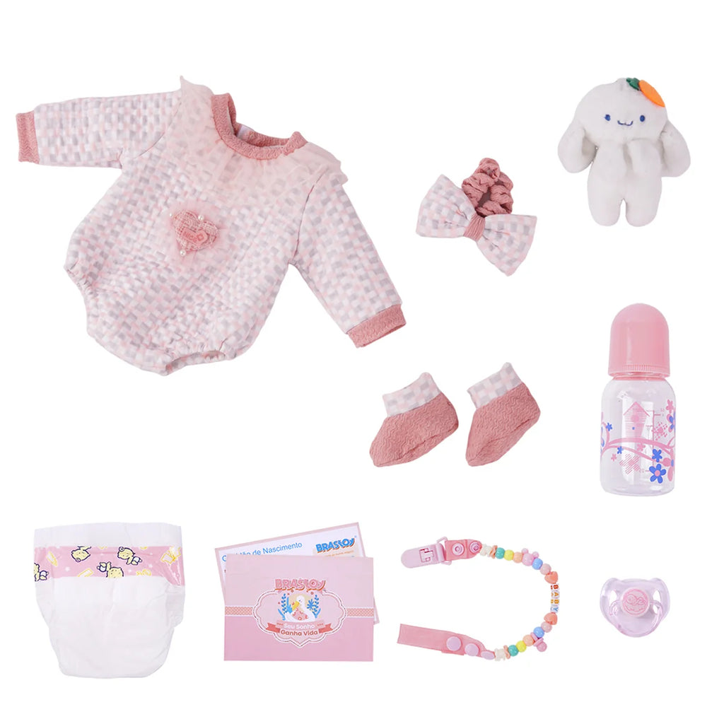Boneca Bebê Reborn Brastoy Realista Silicone 48cm Conjunto de Roupa Chupeta Mamadeira e Pelúcia Pode Dar Banho Roupa
