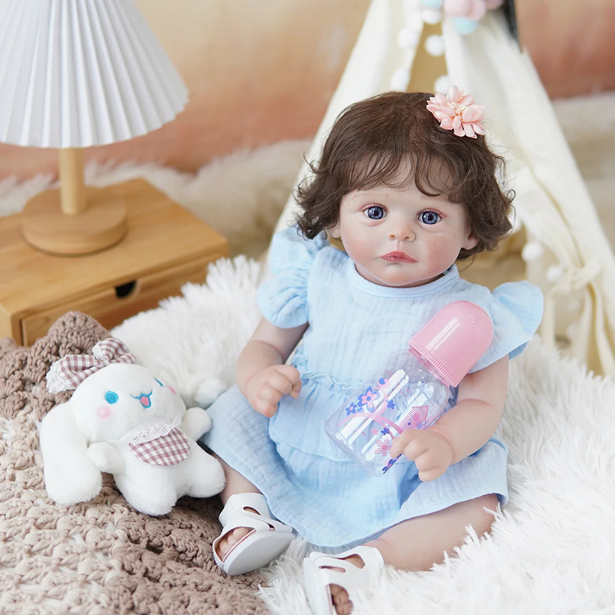 Boneca Bebê Reborn Brastoy Realista Silicone 48cm Conjunto de Roupa Chupeta Mamadeira e Pelúcia Pode Dar Banho Roupa