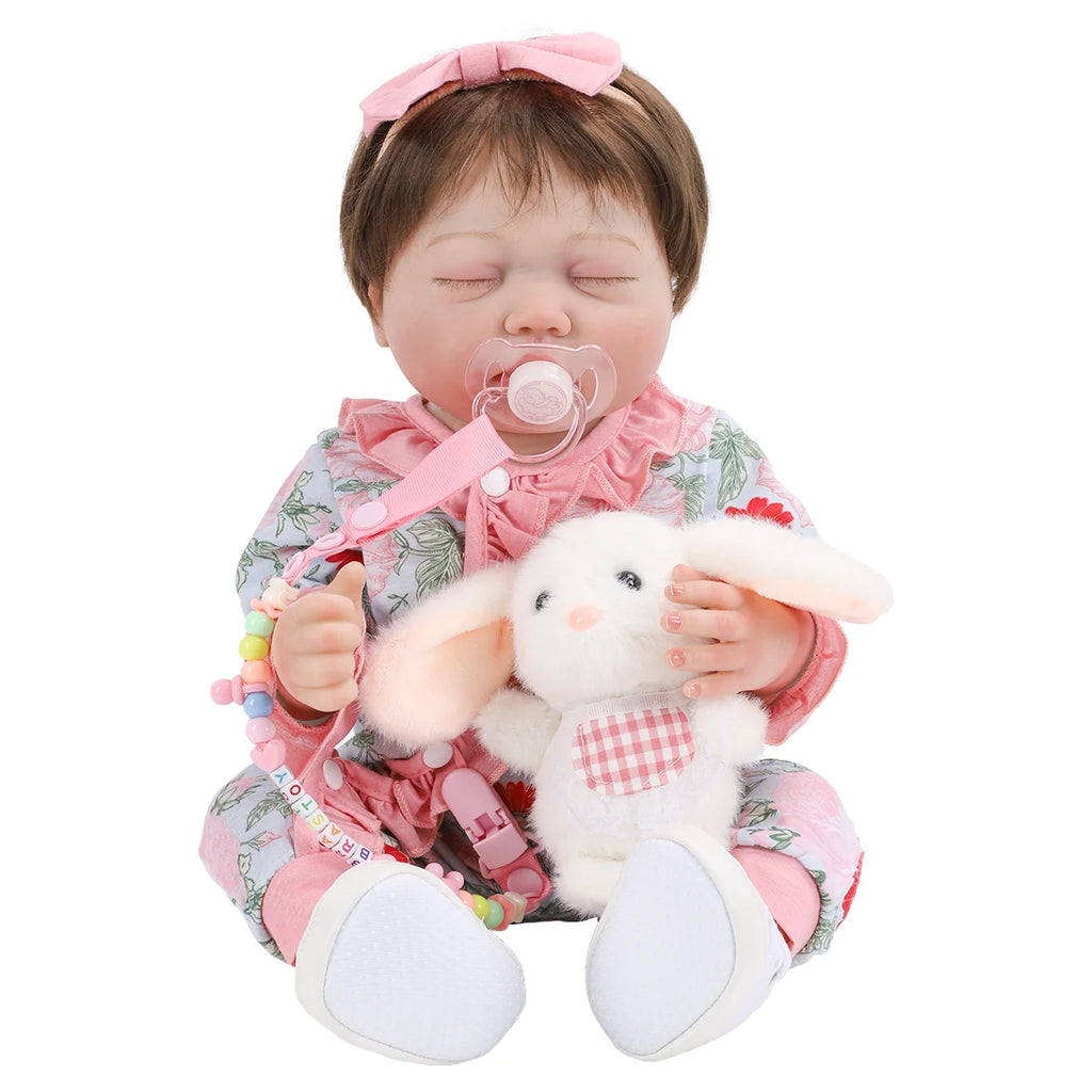 Boneca Bebê Reborn Brastoy Realista Silicone 48cm Conjunto de Roupa Chupeta Mamadeira e Pelúcia Pode Dar Banho Roupa