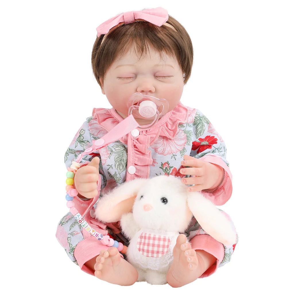 Boneca Bebê Reborn Brastoy Realista Silicone 48cm Conjunto de Roupa Chupeta Mamadeira e Pelúcia Pode Dar Banho Roupa