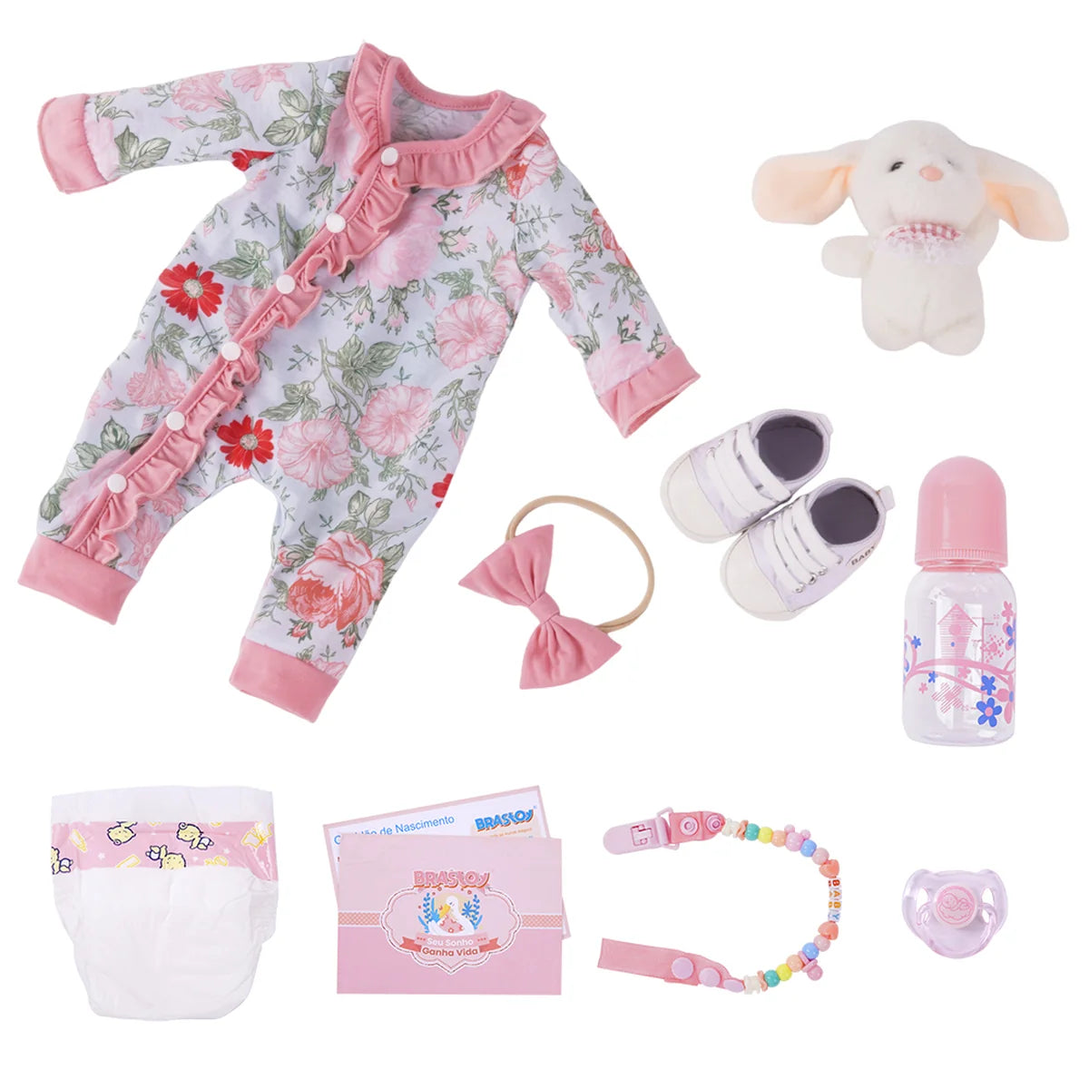 Boneca Bebê Reborn Brastoy Realista Silicone 48cm Conjunto de Roupa Chupeta Mamadeira e Pelúcia Pode Dar Banho Roupa