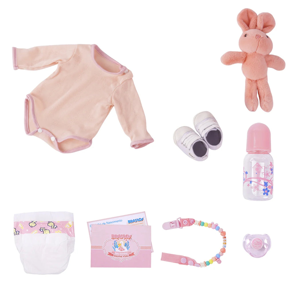 Boneca Bebê Reborn Brastoy Realista Silicone 48cm Conjunto de Roupa Chupeta Mamadeira e Pelúcia Pode Dar Banho Roupa