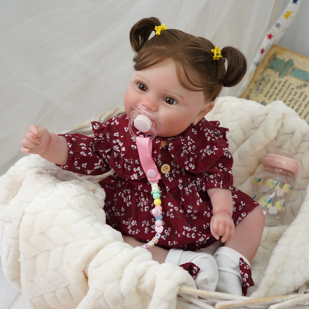 Boneca Bebê Reborn Brastoy Realista Silicone 48cm Conjunto de Roupa Chupeta Mamadeira e Pelúcia Pode Dar Banho Roupa