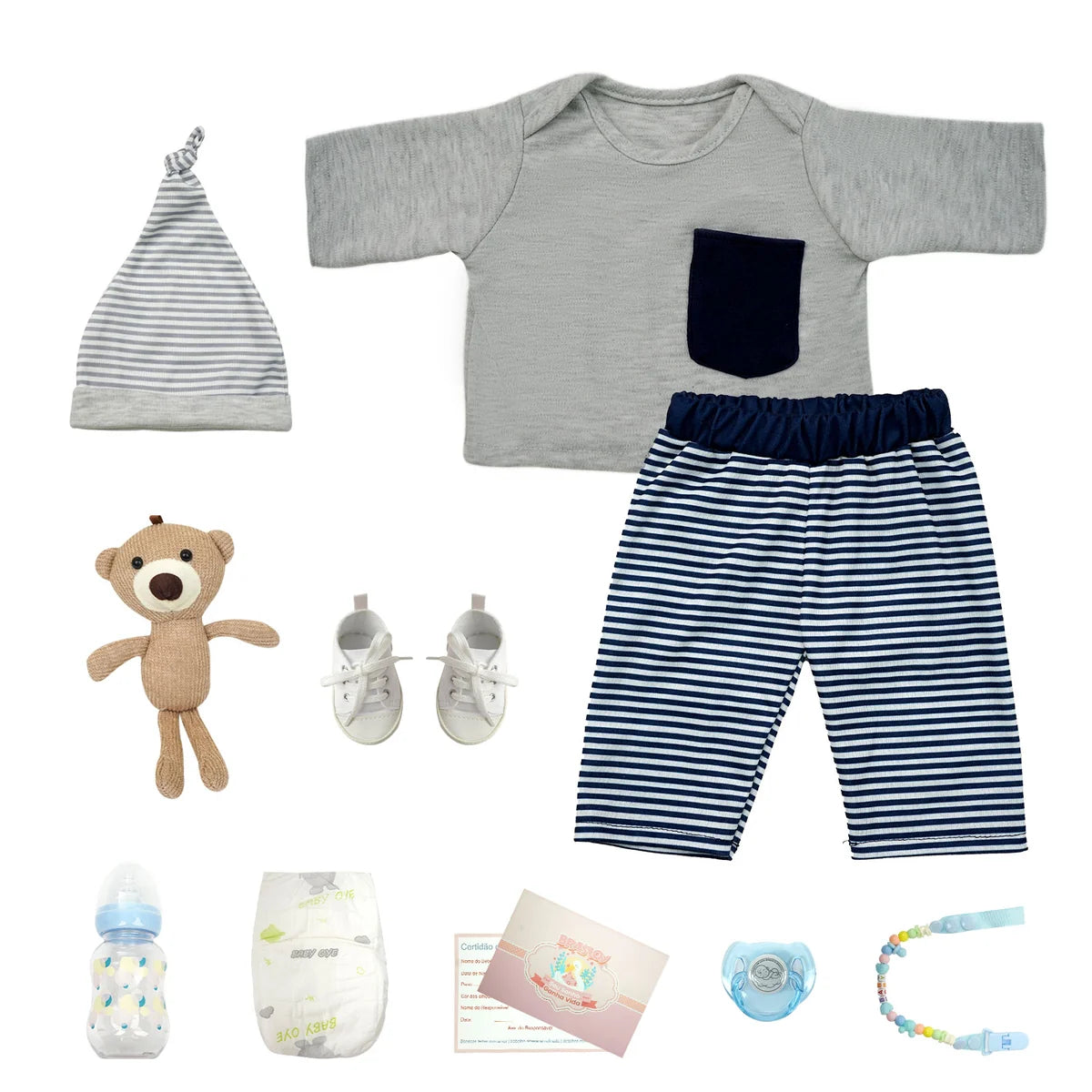 Boneco Bebê Reborn Brastoy Realista Silicone 48cm Conjunto de Roupa Chupeta Mamadeira e Pelúcia Pode Dar Banho Roupa