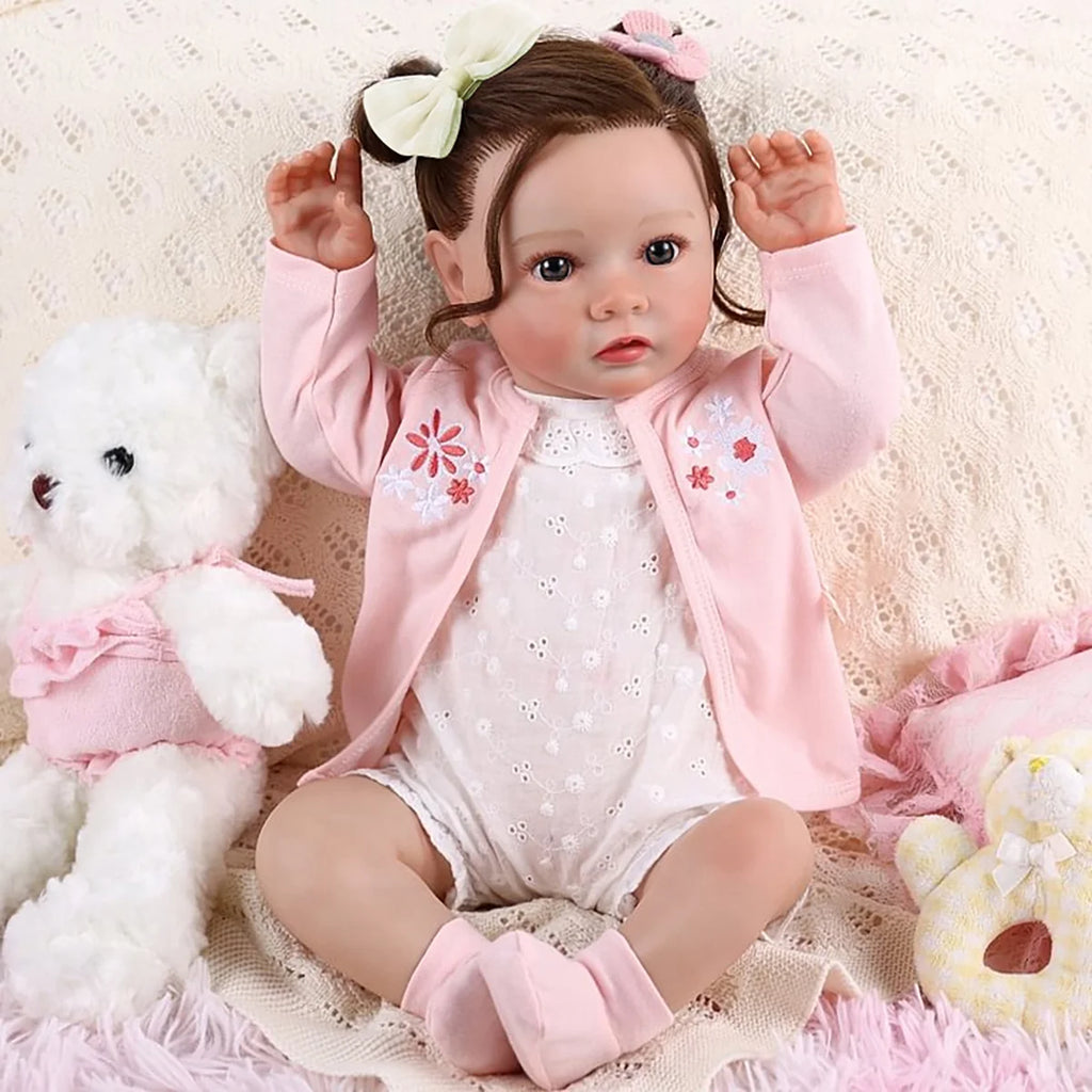 Boneca Bebê Reborn Brastoy Realista Silicone 48cm Conjunto de Roupa Chupeta Mamadeira Certidão Fralda e Pelúcia Pode Dar Banho Roupa