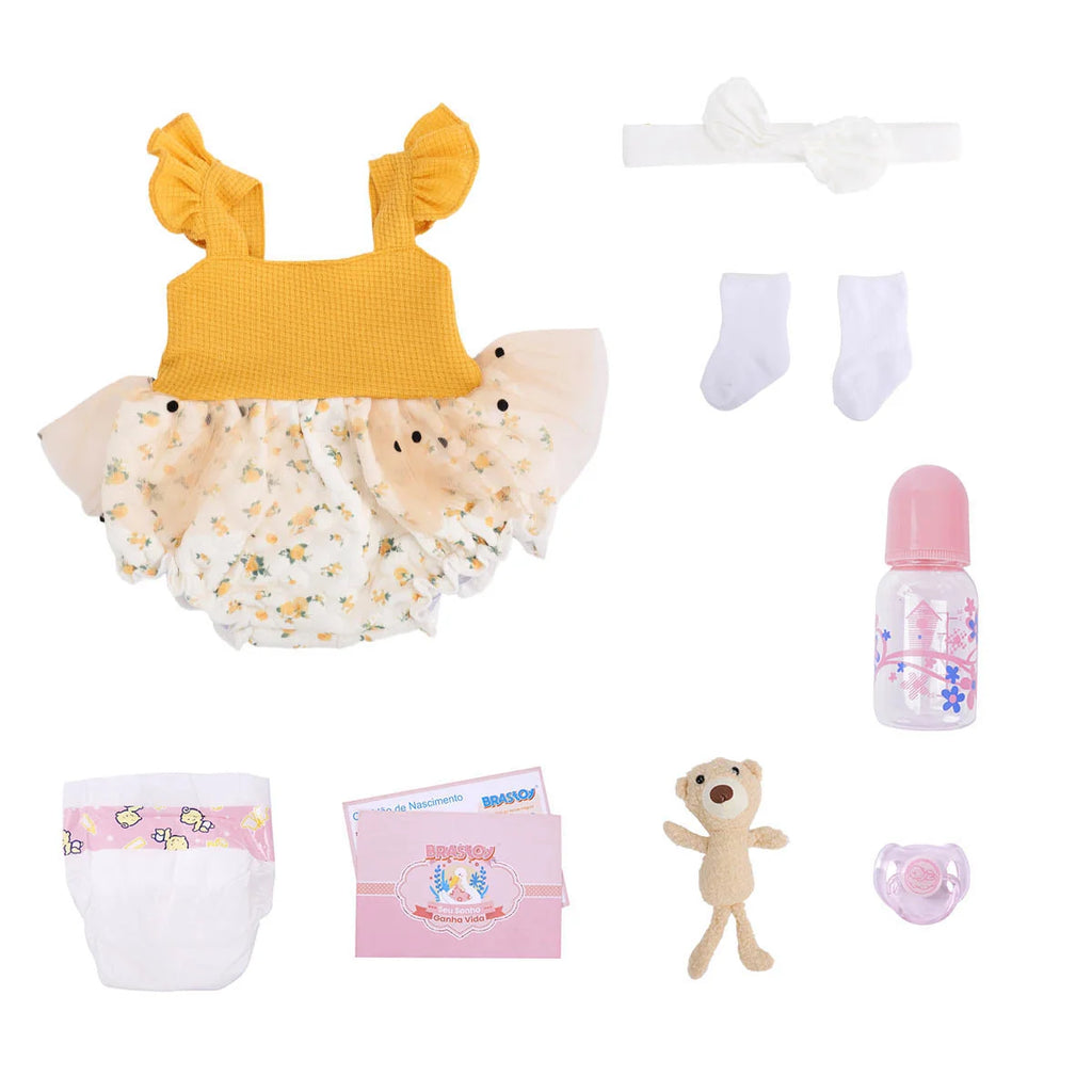 Bebê Reborn Boneca Corpo de silicone Pode Dar Banho 48cm Conjunto de Roupa Chupeta Mamadeira Fralda Certidão e Pelúcia Brastoy