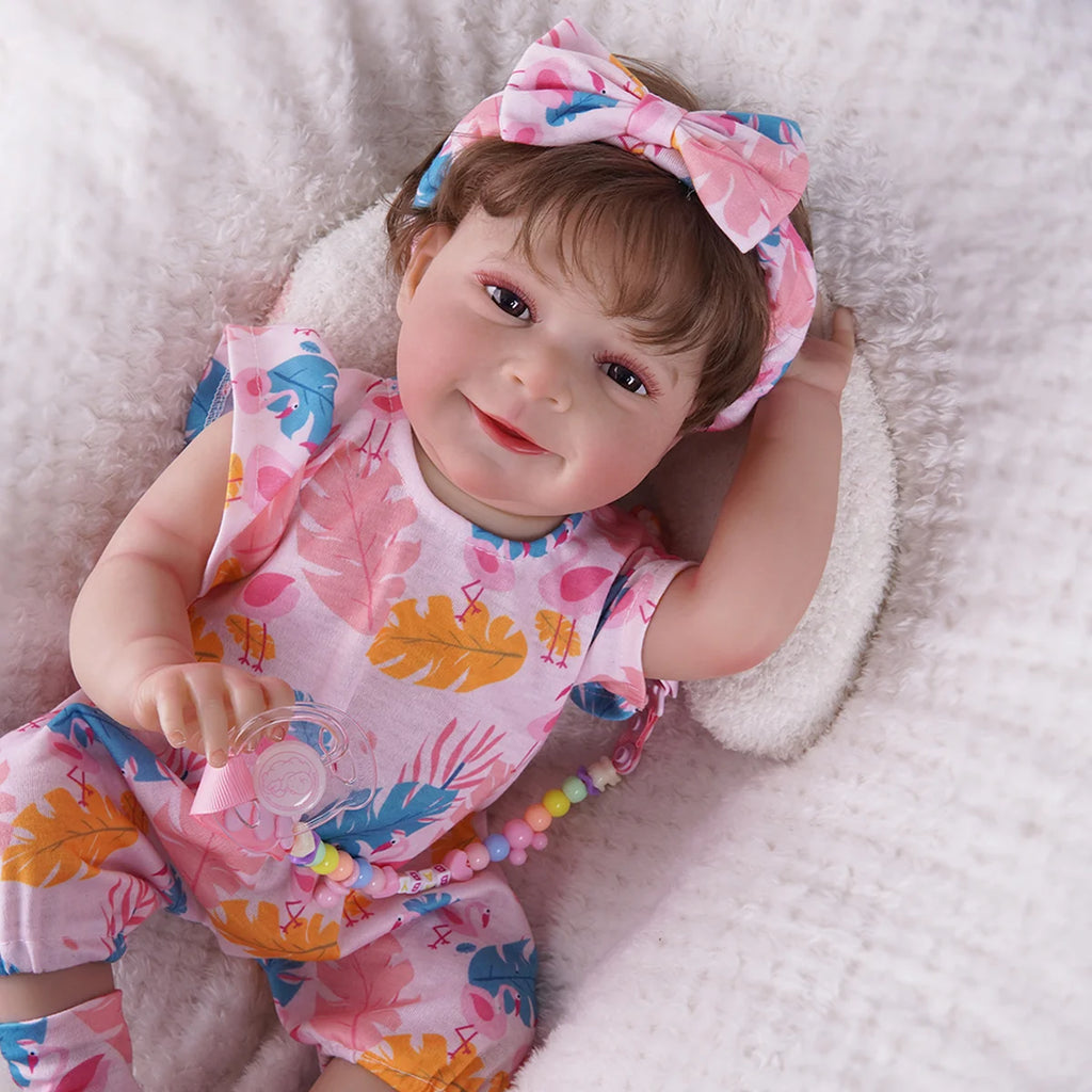Bebê Reborn Menina Silicone 48cm Boneca Olhos Castanhos Pode dar Banho Brastoy Com Acessórios