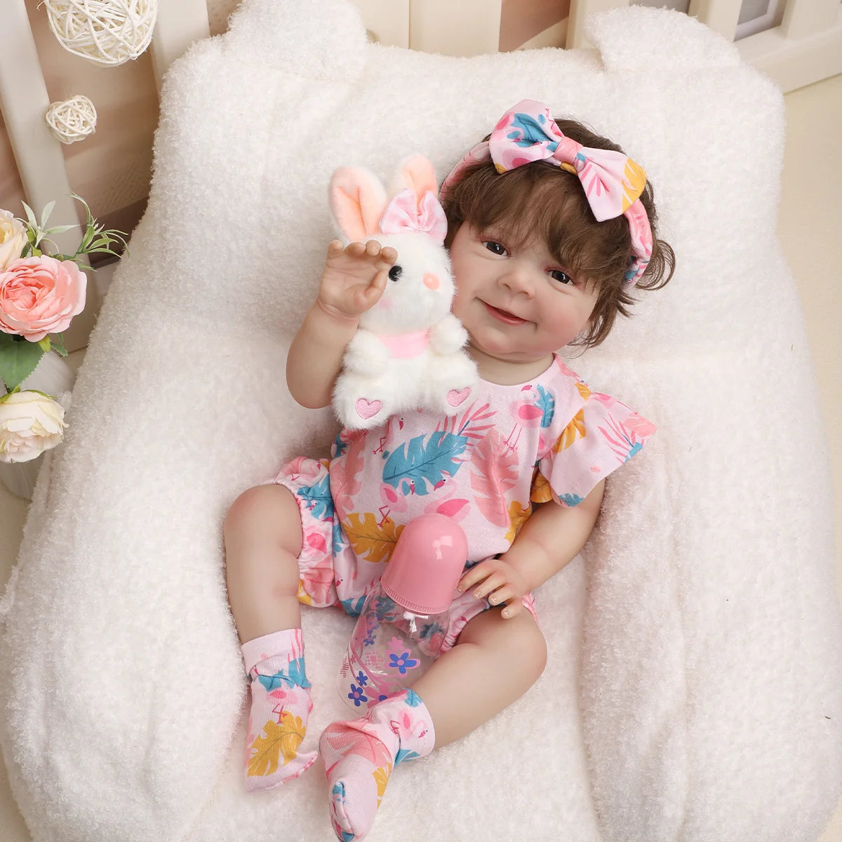 Bebê Reborn Menina Silicone 48cm Boneca Olhos Castanhos Pode dar Banho Brastoy Com Acessórios