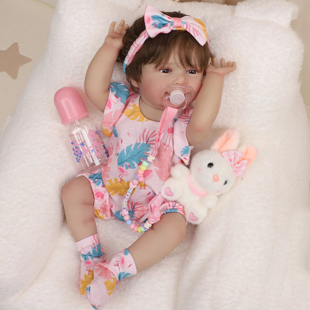 Bebê Reborn Menina Silicone 48cm Boneca Olhos Castanhos Pode dar Banho Brastoy Com Acessórios