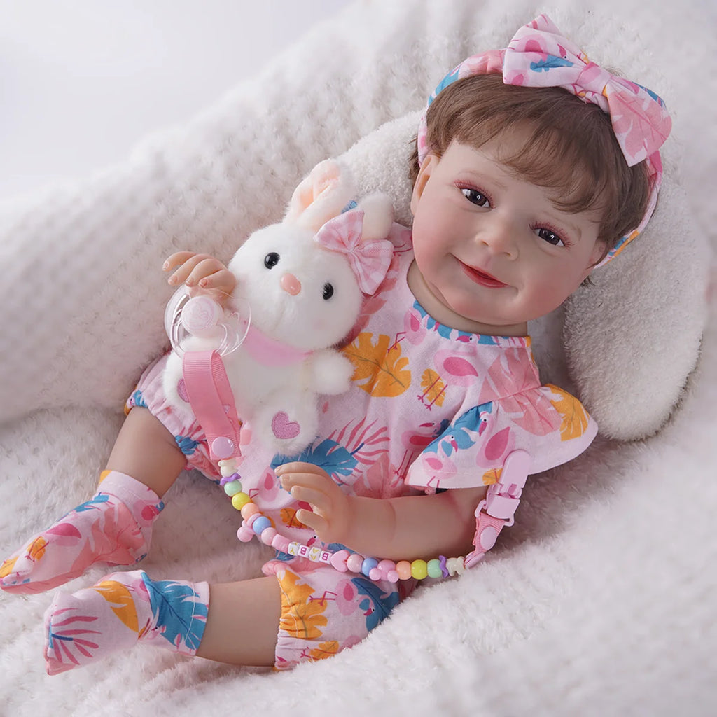 Bebê Reborn Menina Silicone 48cm Boneca Olhos Castanhos Pode dar Banho Brastoy Com Acessórios