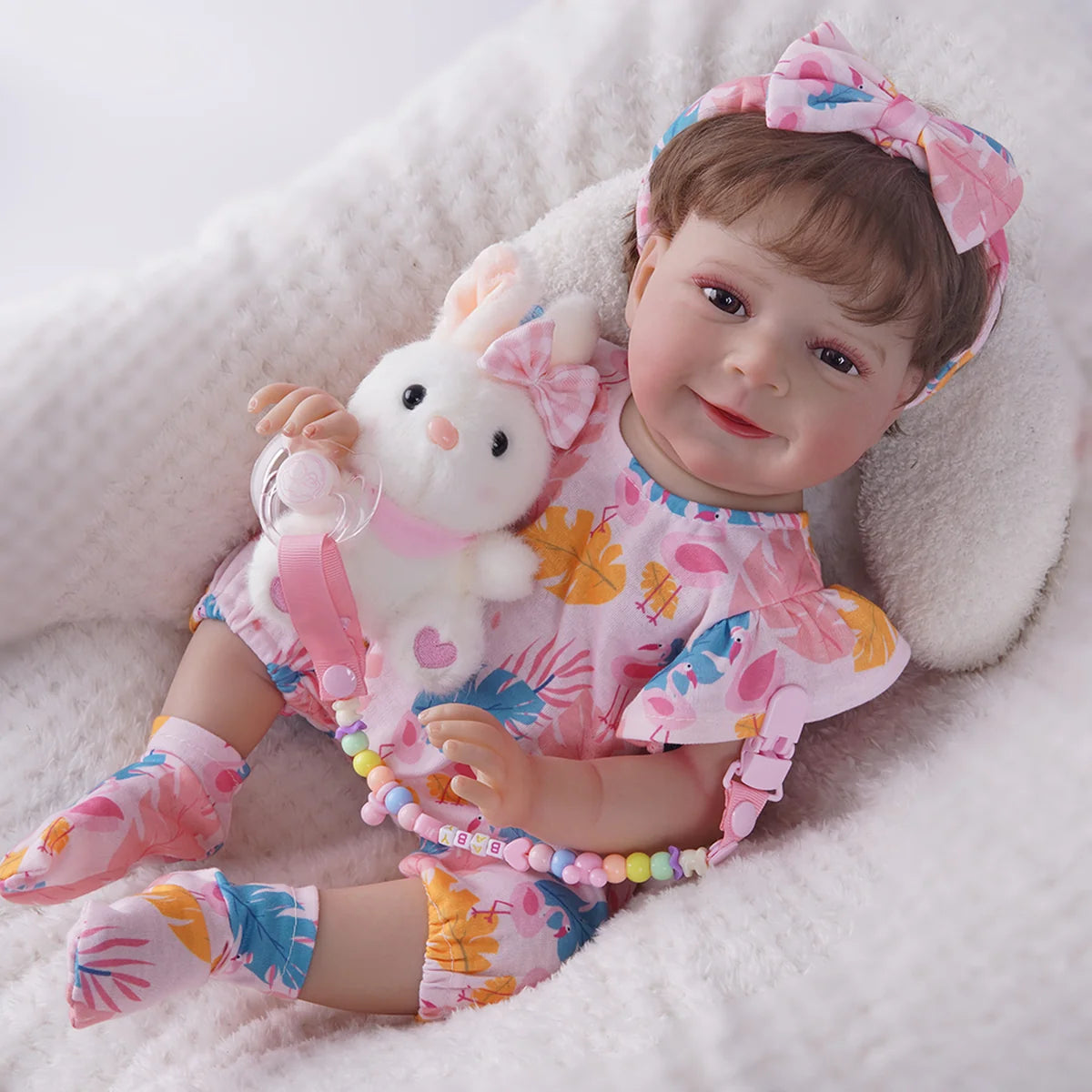 Bebê Reborn Menina Silicone 48cm Boneca Olhos Castanhos Pode dar Banho Brastoy Com Acessórios