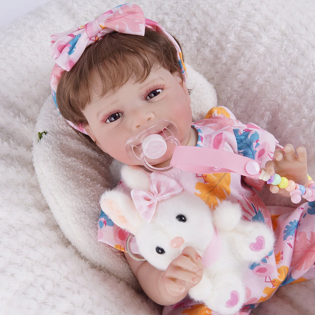 Bebê Reborn Menina Silicone 48cm Boneca Olhos Castanhos Pode dar Banho Brastoy Com Acessórios