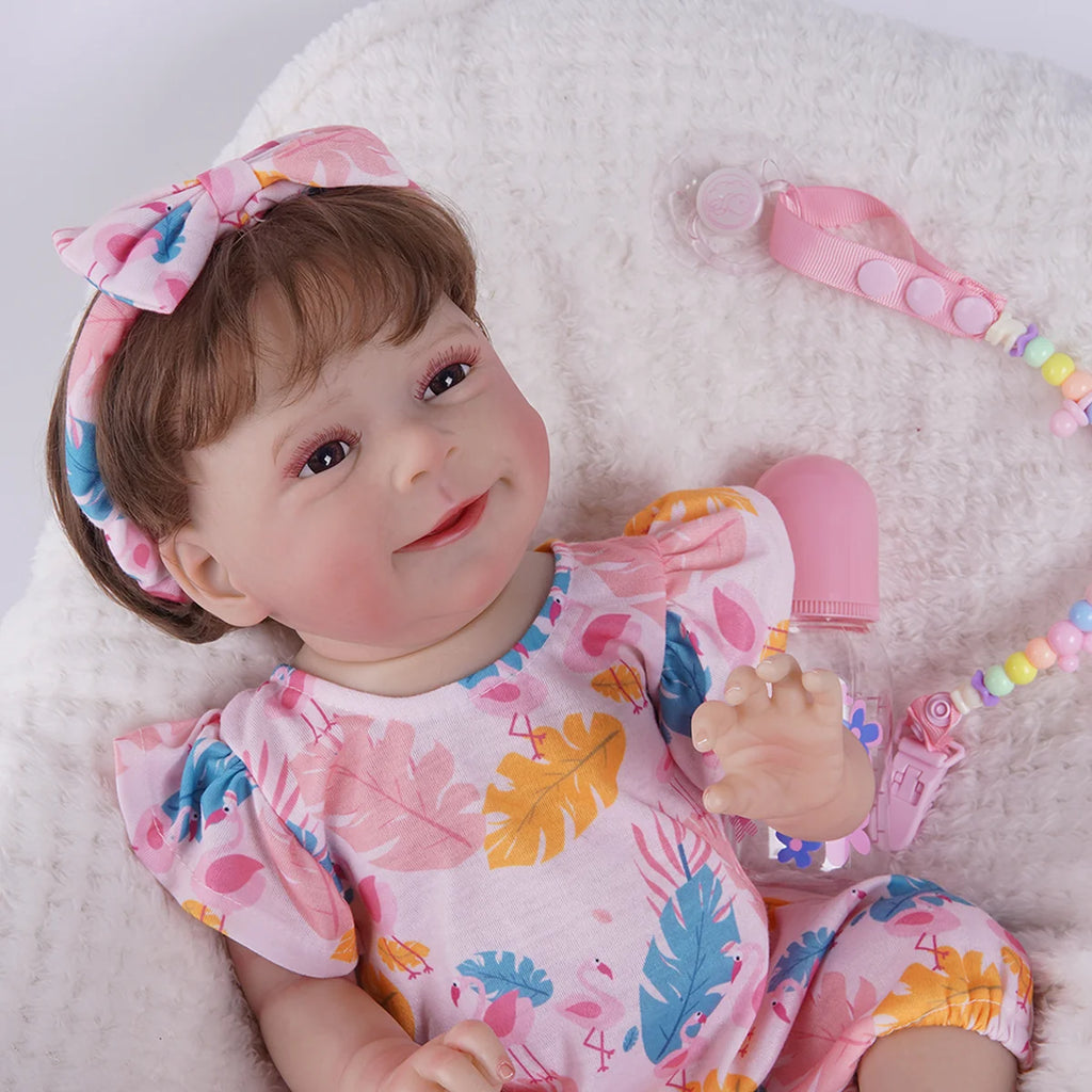 Bebê Reborn Menina Silicone 48cm Boneca Olhos Castanhos Pode dar Banho Brastoy Com Acessórios
