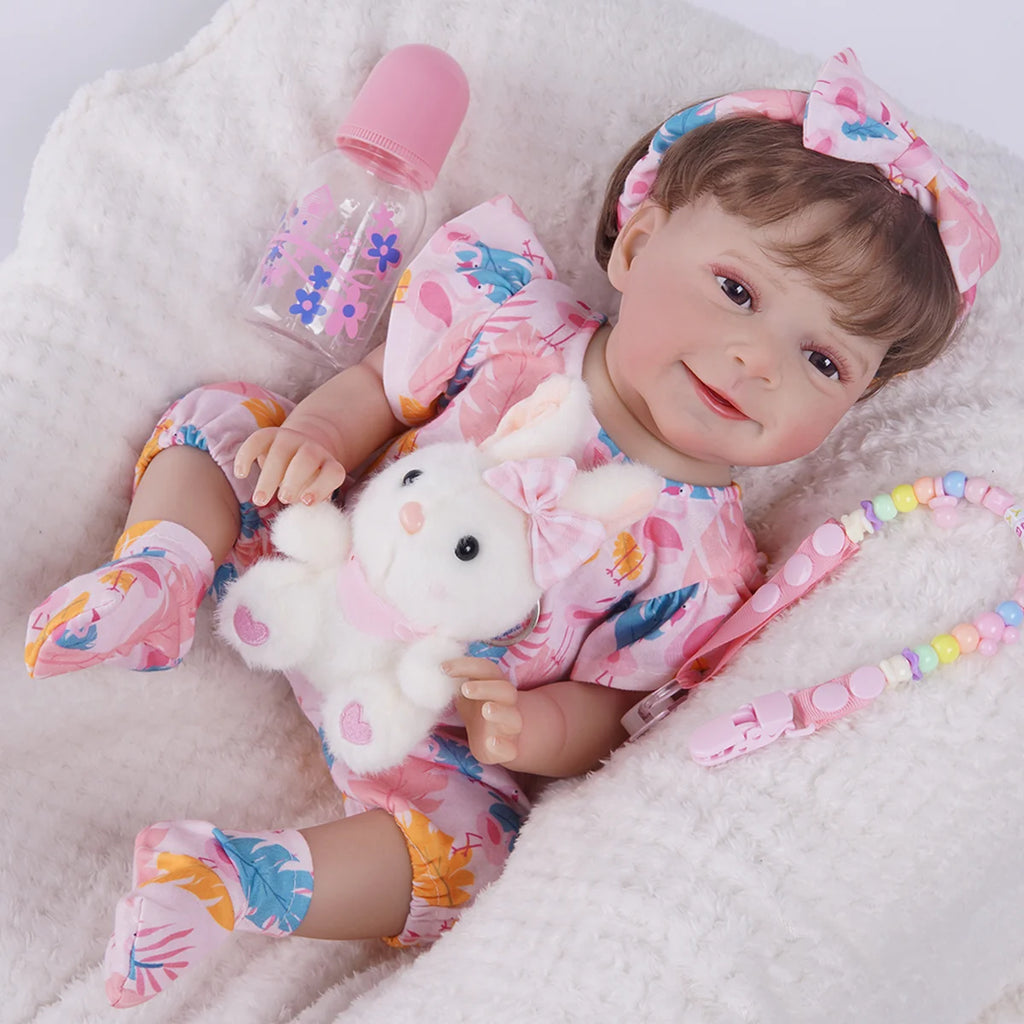 Bebê Reborn Menina Silicone 48cm Boneca Olhos Castanhos Pode dar Banho Brastoy Com Acessórios