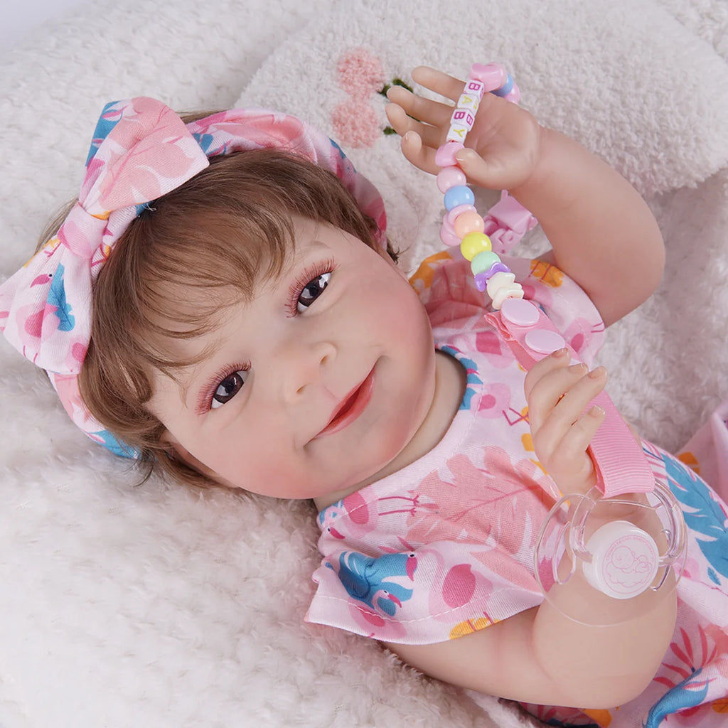 Bebê Reborn Menina Silicone 48cm Boneca Olhos Castanhos Pode dar Banho Brastoy Com Acessórios