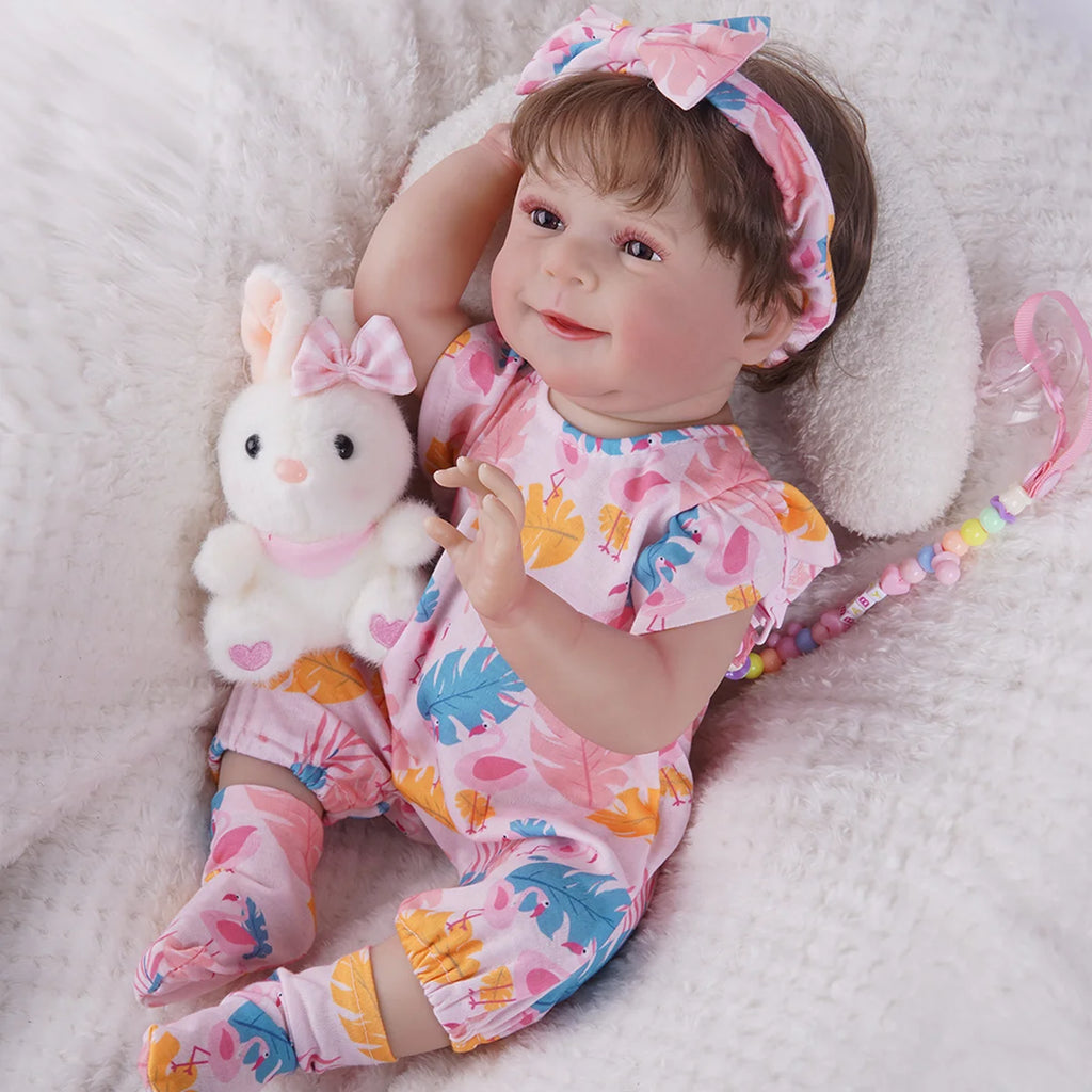 Bebê Reborn Menina Silicone 48cm Boneca Olhos Castanhos Pode dar Banho Brastoy Com Acessórios