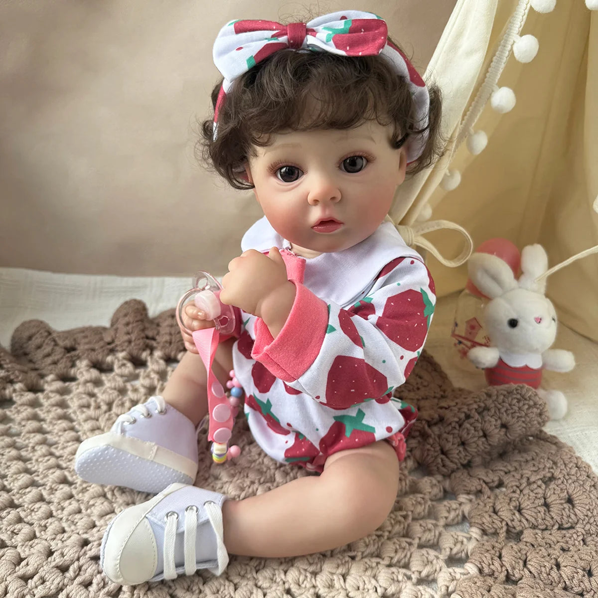 Boneca Bebê Reborn 48cm Menina Olho Castanho Pode dar Banho Com Acessórios Brastoy