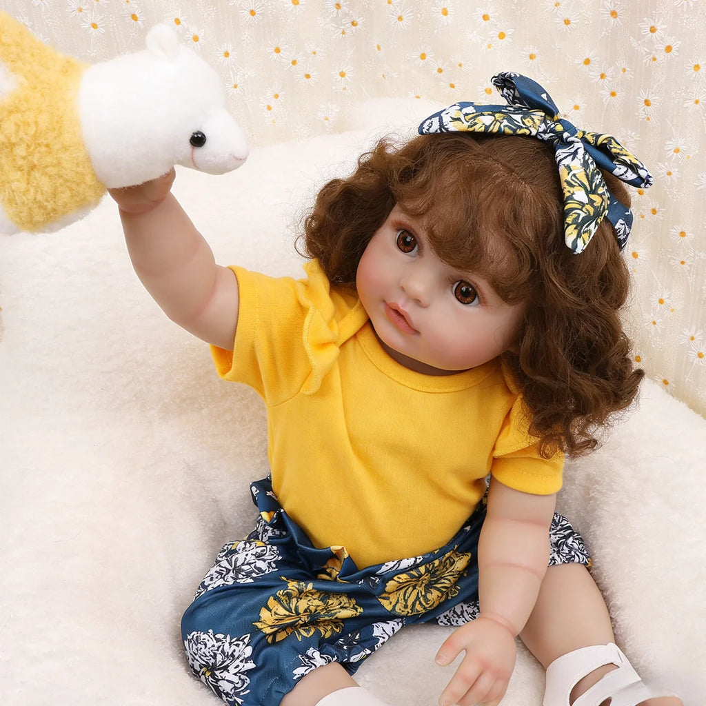 Boneca Bebê Reborn 55cm Silicone Menina Olhos Castanhos Pele Suave com Acessórios Brastoy