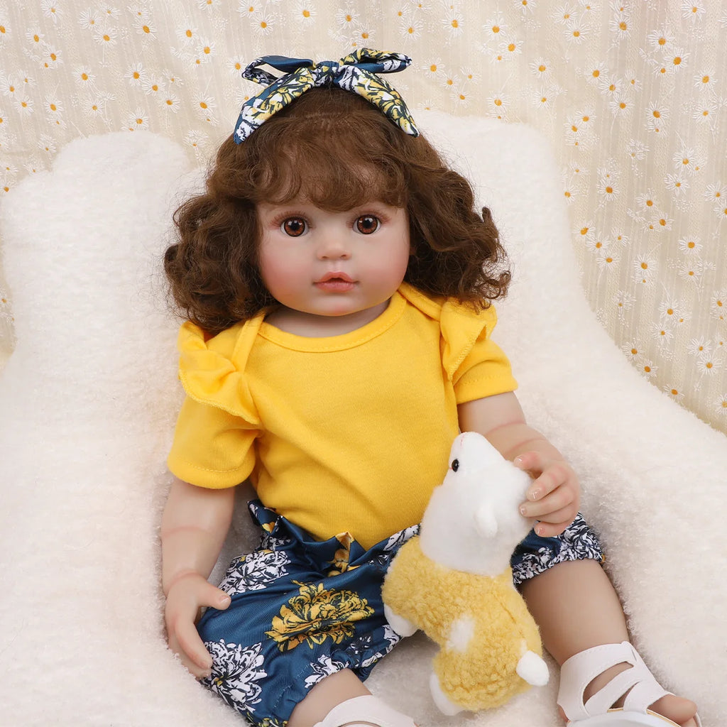 Boneca Bebê Reborn 55cm Silicone Menina Olhos Castanhos Pele Suave com Acessórios Brastoy