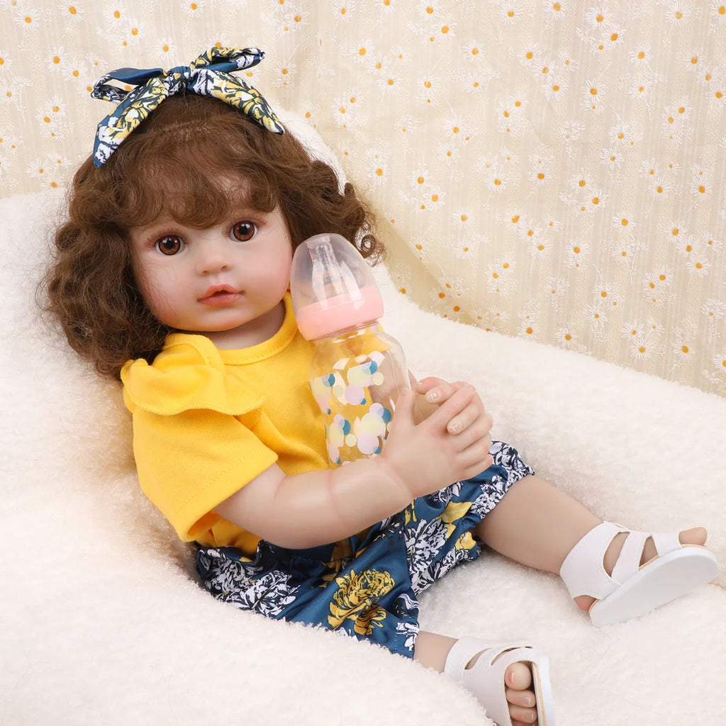 Boneca Bebê Reborn 55cm Silicone Menina Olhos Castanhos Pele Suave com Acessórios Brastoy