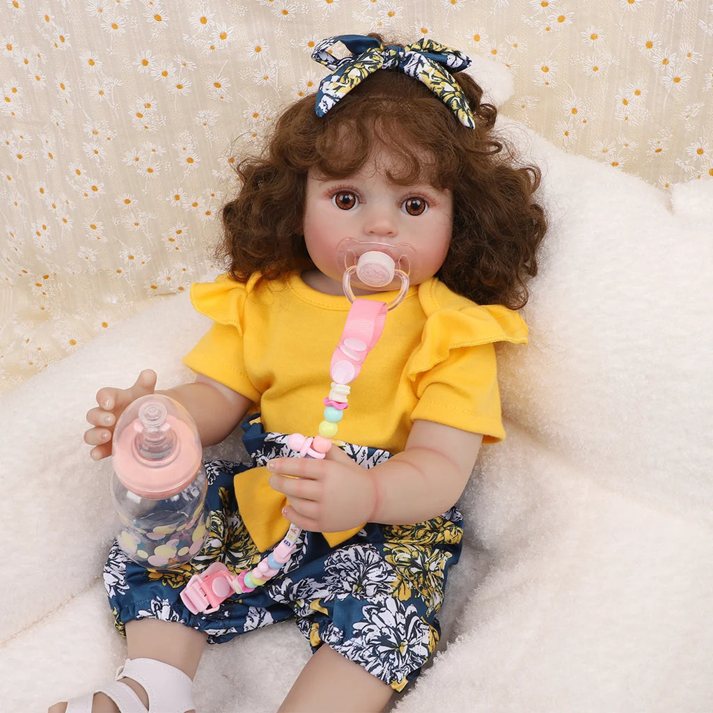Boneca Bebê Reborn 55cm Silicone Menina Olhos Castanhos Pele Suave com Acessórios Brastoy