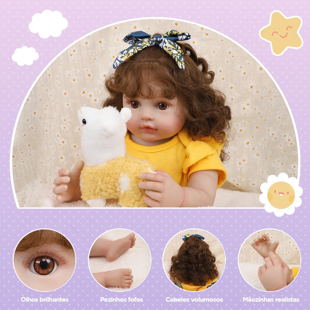 Boneca Bebê Reborn 55cm Silicone Menina Olhos Castanhos Pele Suave com Acessórios Brastoy