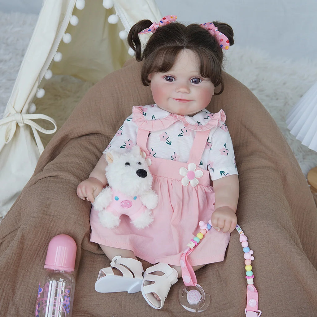 Boneca Bebê Reborn 48cm Menina Silicone Olho Castanho com Acessórios Brastoy