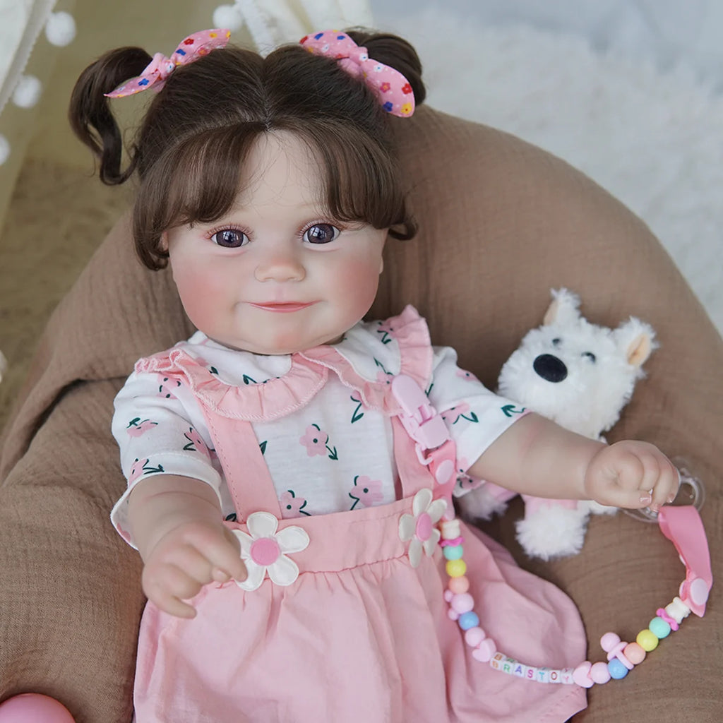 Boneca Bebê Reborn 48cm Menina Silicone Olho Castanho com Acessórios Brastoy