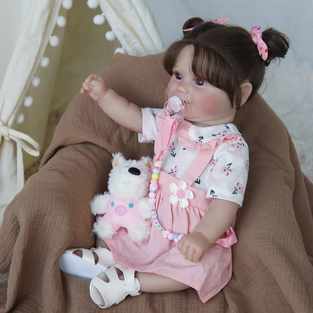 Boneca Bebê Reborn 48cm Menina Silicone Olho Castanho com Acessórios Brastoy