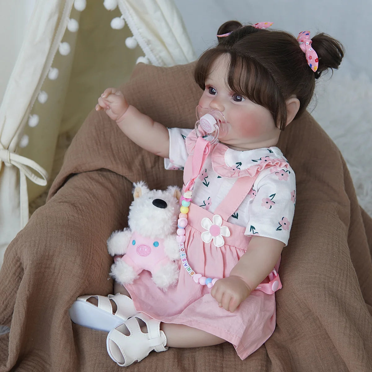 Boneca Bebê Reborn 48cm Menina Silicone Olho Castanho com Acessórios Brastoy