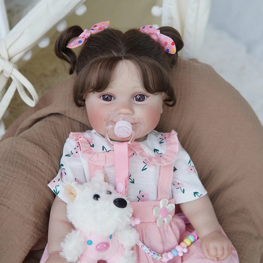 Boneca Bebê Reborn 48cm Menina Silicone Olho Castanho com Acessórios Brastoy