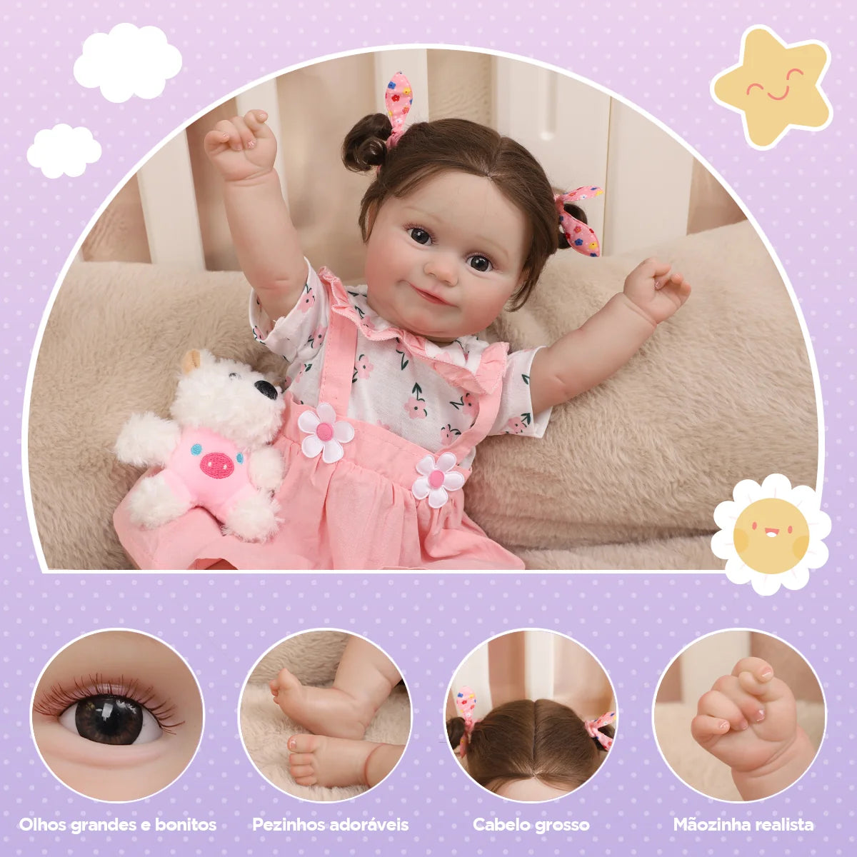 Boneca Bebê Reborn 48cm Menina Silicone Olho Castanho com Acessórios Brastoy